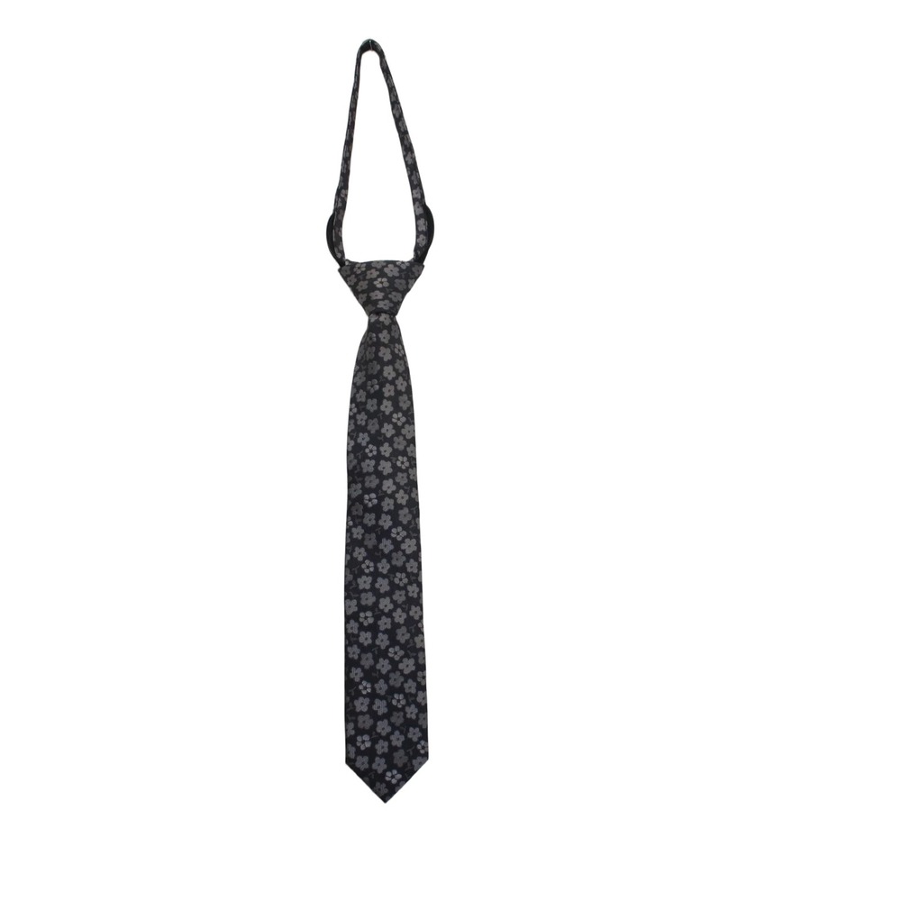 Boys Black Grey Floral Zipper Tie Pre-Tied Formal Necktie 13 Inch